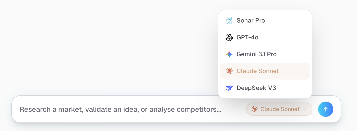 IdeaSaaS AI Research Bar — switch between Sonar Pro, GPT-4o mini, Gemini Flash, Claude Sonnet, and DeepSeek V3